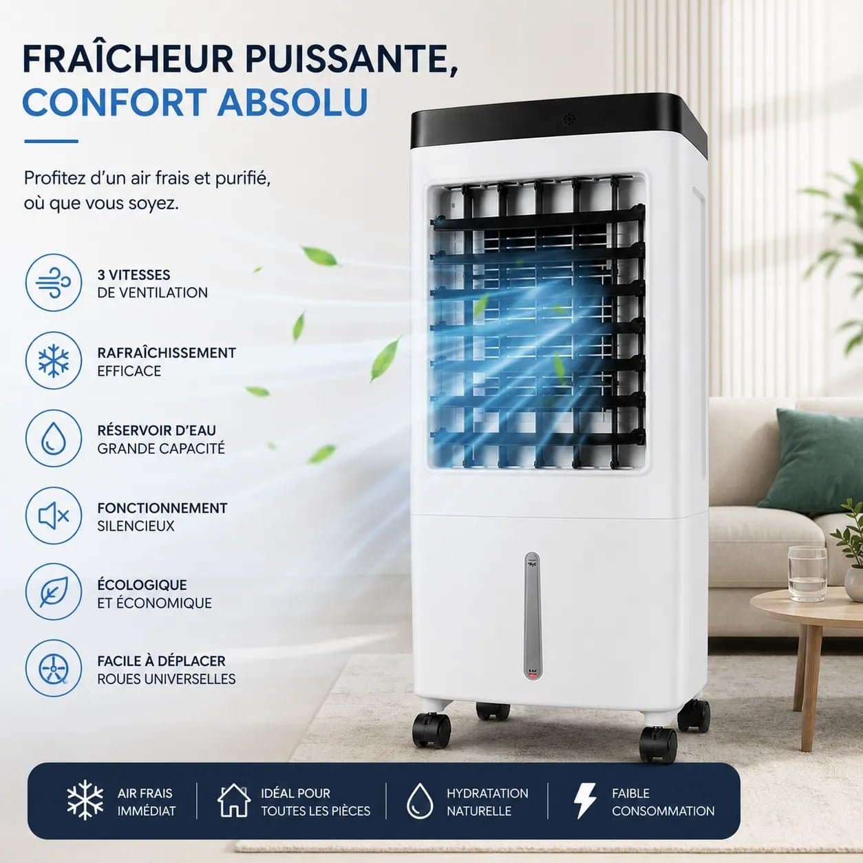 Climatiseur Mobile Sans Évacuation 10 L – Rafraîchisseur d’Air Silencieux avec Télécommande – Image 2