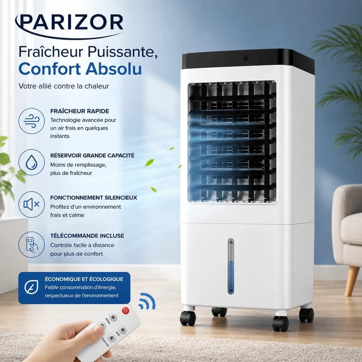 Climatiseur Mobile Sans Évacuation 10 L – Rafraîchisseur d’Air Silencieux avec Télécommande – Image 4