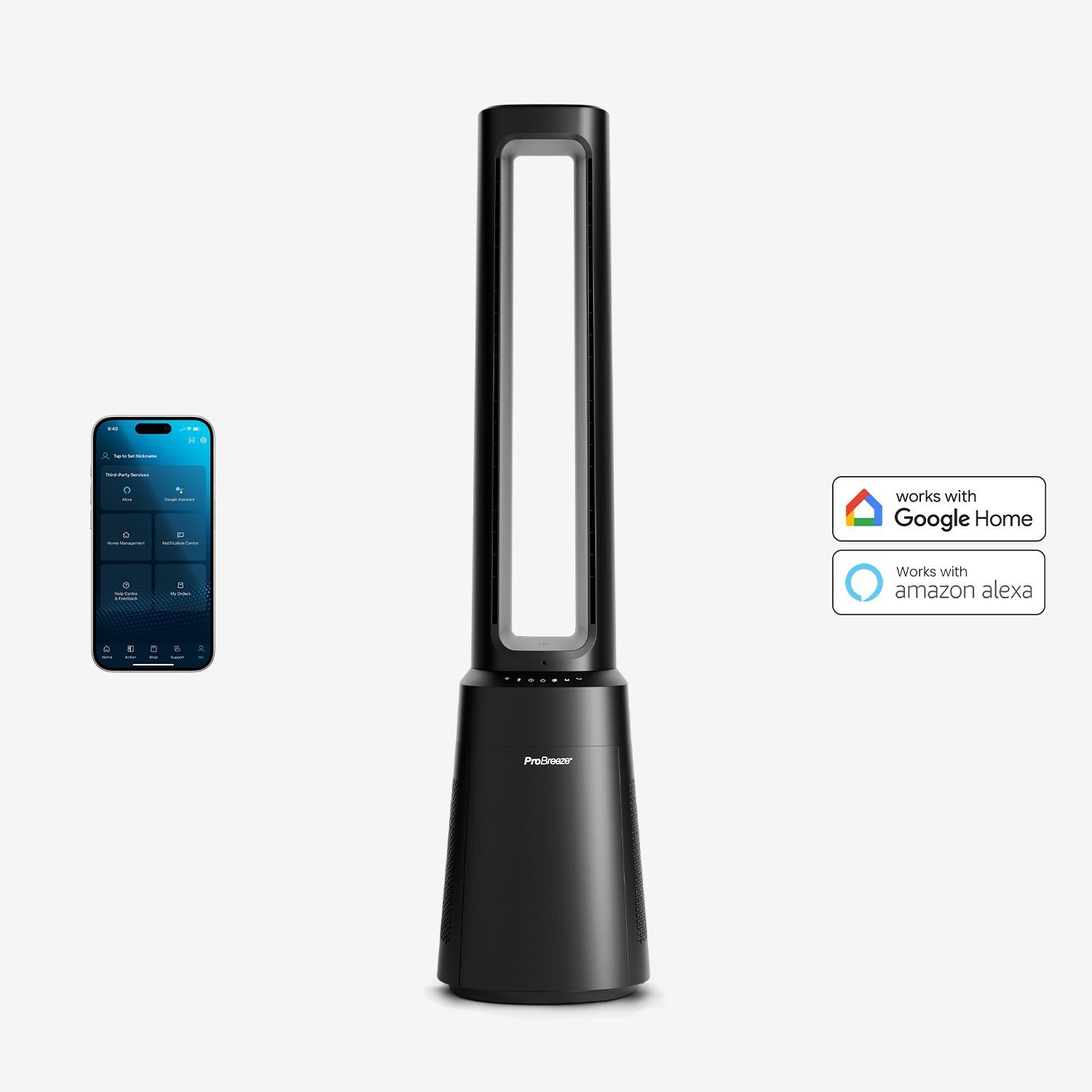 OmniAir Ventilateur colonne sans pales premium 41″ et purificateur d’air avec contrôle par application intelligente – Noir