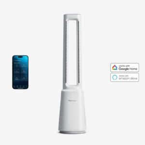 OmniAir Ventilateur colonne sans pales premium 41″ et purificateur d’air avec contrôle par application intelligente – Blanc