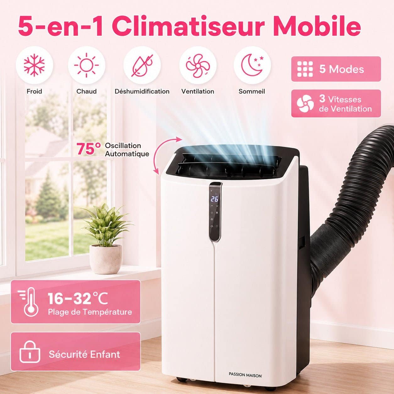 Climatiseur Mobile Réversible 14000 BTU Passion Maison Polar 14 – Wi-Fi, 5-en-1, Chauffage, Déshumidificateur & Kit Fenêtre – Image 7